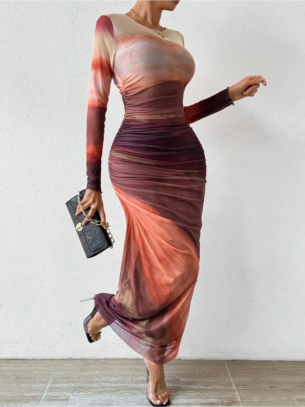 Ruched Long-Sleeve Gradient Maxi Dress in Burgundy/Tan multi. Brand New!